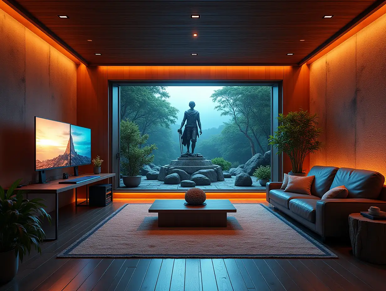 large Gaming room with three monitors ,lighting with furniture with large Attack on Titan statue at the Zen-Garden with carefully tended rocks, a meditative 180 Degree shots 8K resolution Vivid