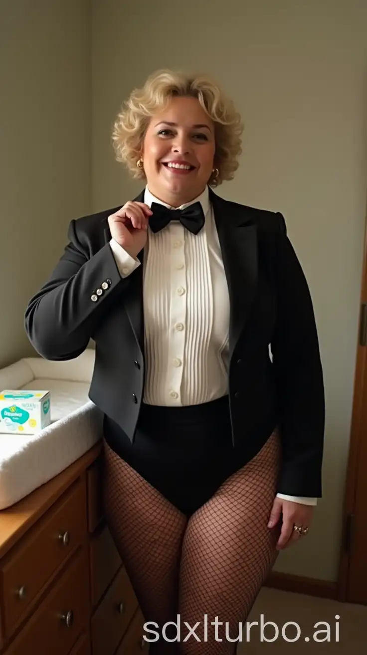 Smiling-Caucasian-Woman-in-Formal-Tuxedo-Standing-Next-to-Changing-Table