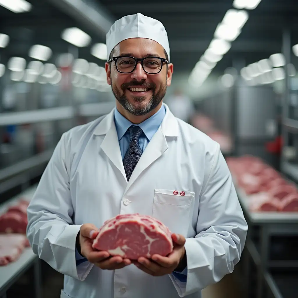 a man in a white coat holds a piece of meat in his hands, a production line on the background