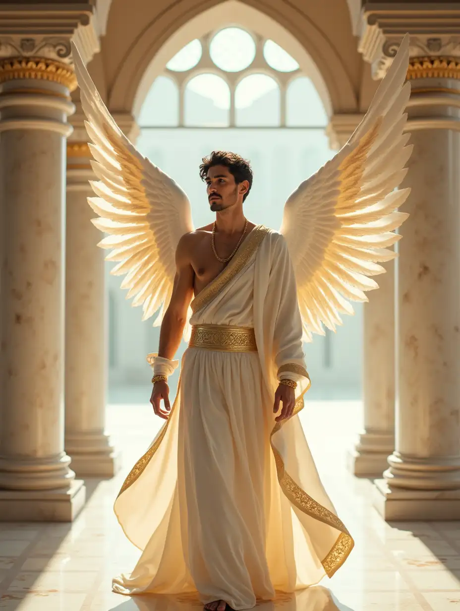 A divine 18-year-old Iranian man, ethereal Persian prince aesthetic, standing in a celestial palace with marble columns engraved with Achaemenid-inspired golden motifs. Flowing ivory-gold Termeh fabric drapes his torso in Sassanian-style folds, subtly hinting at athletic harmony through wind-swept fabric movement. Archangelic white wings with delicate Persian miniature patterns unfurl behind him, blending with light from hexagonal stained-glass windows (lapis lazuli and emerald tones). Hyper-detailed textures: carved lotus motifs on columns, metallic Zoroastrian faravahar symbols, feather softness. Background: shattered pomegranate blossoms (symbol of Persian beauty) near his feet, Isfahan-style arabesque arches in distance. Focus on Persian features: almond-shaped hazel eyes, luminous olive skin, wavy black hair adorned with a thin gold diadem. Celestial lighting evokes Shahnameh epics, blending human grace with Persian architectural heritage. --ar 9:16 --v 6.0