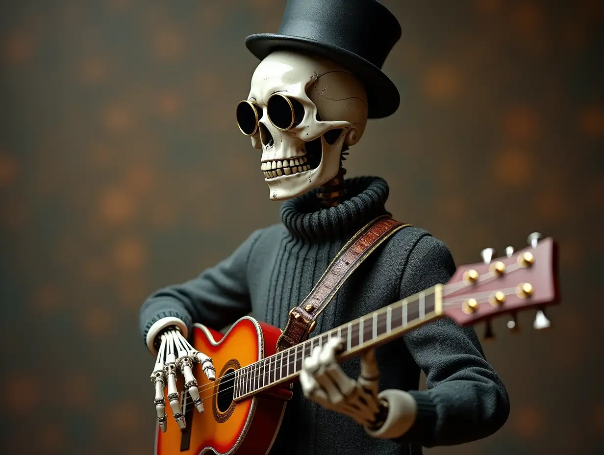 Create a high-resolution, realistic image of a robot with a skeletal body, porcelain hands and head with eyebrows, a sweater, a Steampunk top hat, and a guitar in 4K resolution (Steampunk 8K quality)