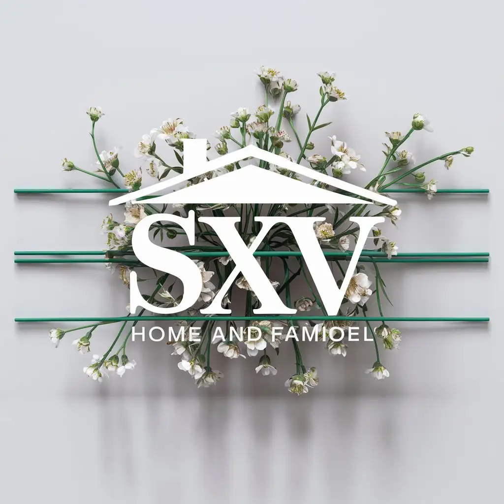 a logo design,with the text "SXV", main symbol:SXV, • Real objects on a branch with a dozen small flowers wrapped around the sign, • The branches of the flowers should be thin, the main body of the flower is white with other colors, • No black stems, • Fresh and clean, • The name of the logo and the flowers are artistic, • SXV logo needs to be transformed into a taste with a roof, • No black SXV logo, • Logo is horizontally distributed, • The width of the logo is 5 times the height, • No lines crossing the logo,Moderate,be used in Home Family industry,clear background