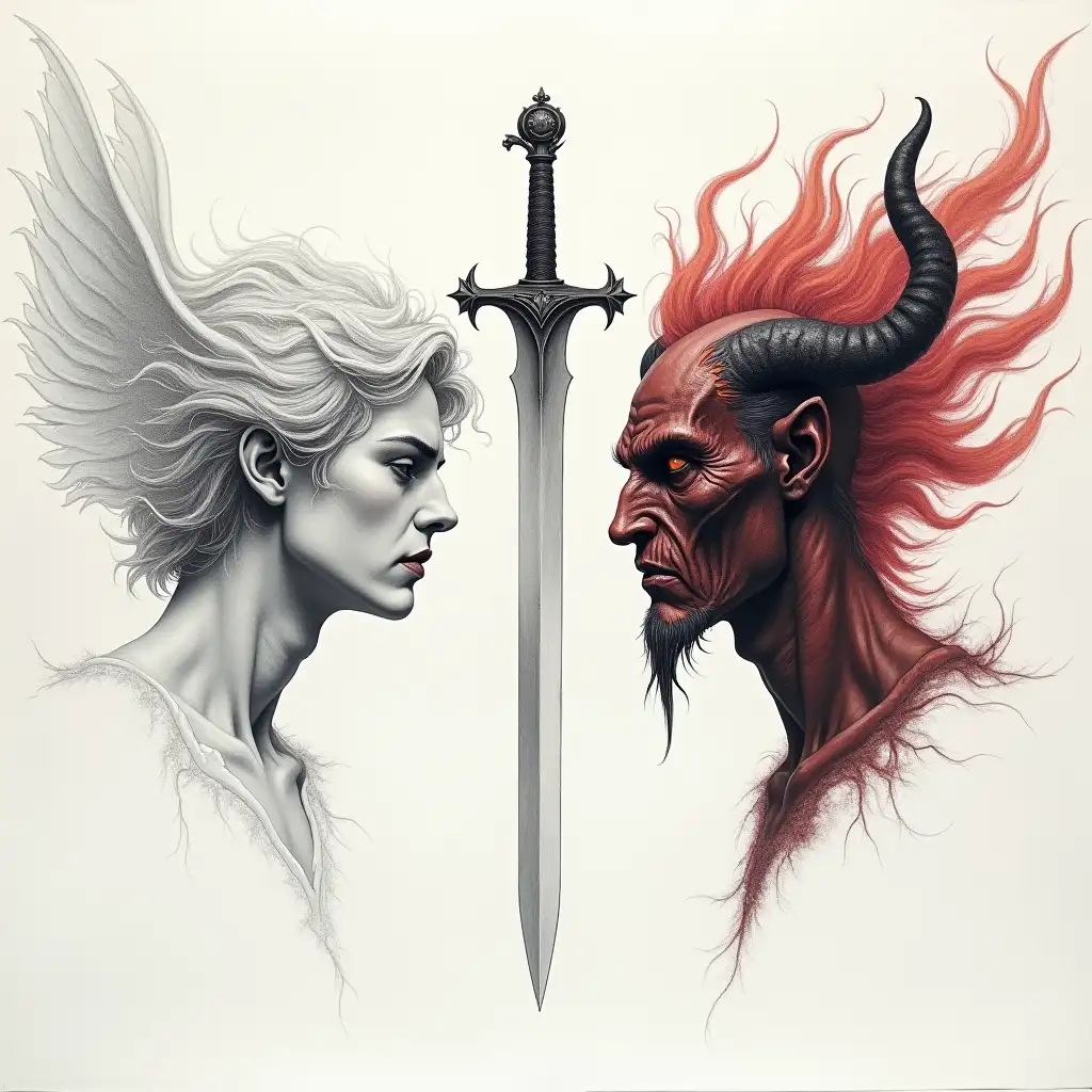 Angel and Demon Confrontation with Sword Between Them