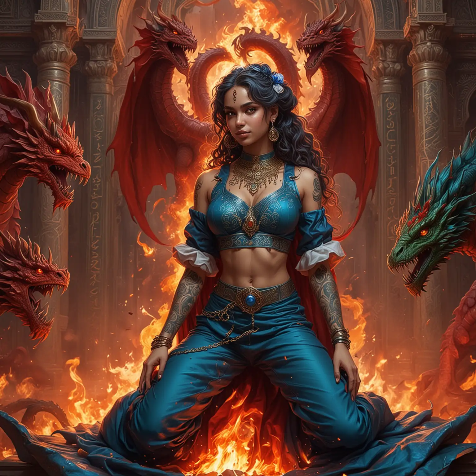 Majestic Alien Arabic Goddesses Commanding Fire Amidst Fiery Dragons