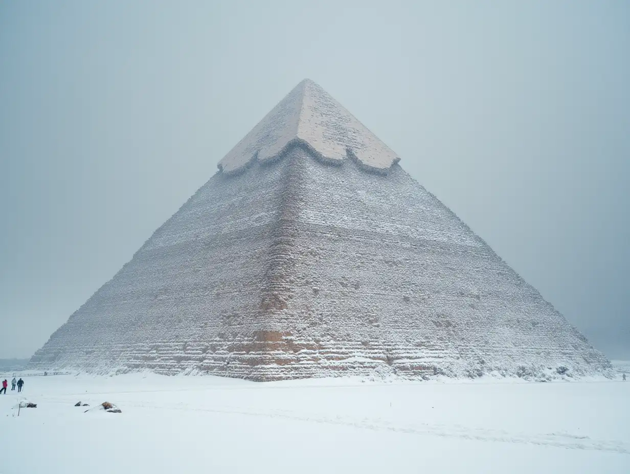 Fluffy snow is coming down in front of the Pyramid of Cheops