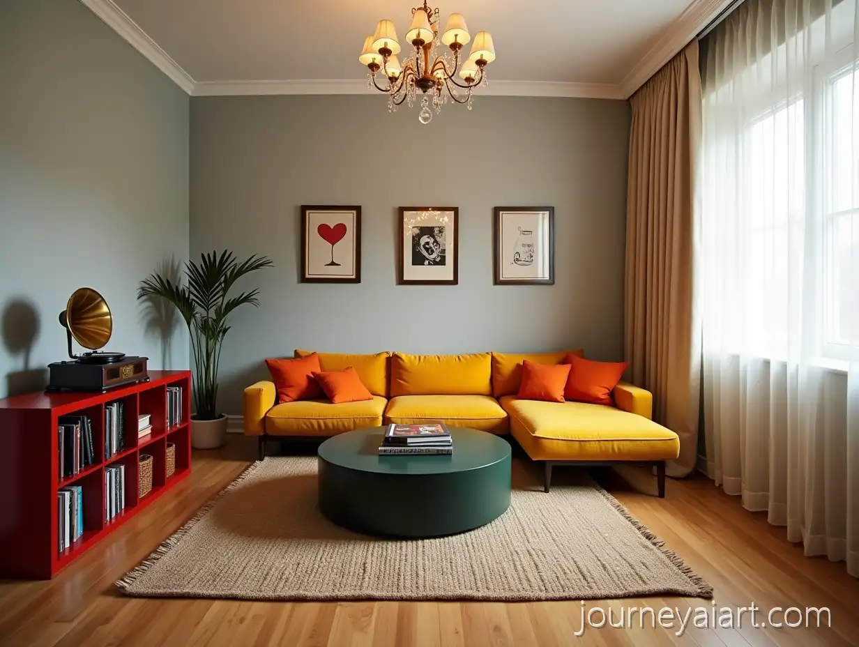Cozy-LShaped-Living-Room-with-Musical-Decor-and-Ocher-Sofa