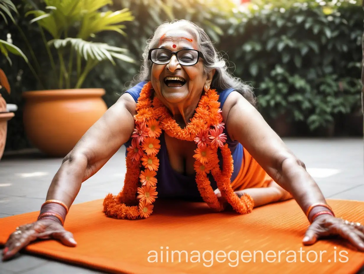 Elderly-Indian-Woman-Laughing-While-Exercising-with-Goat-in-Sunny-Garden