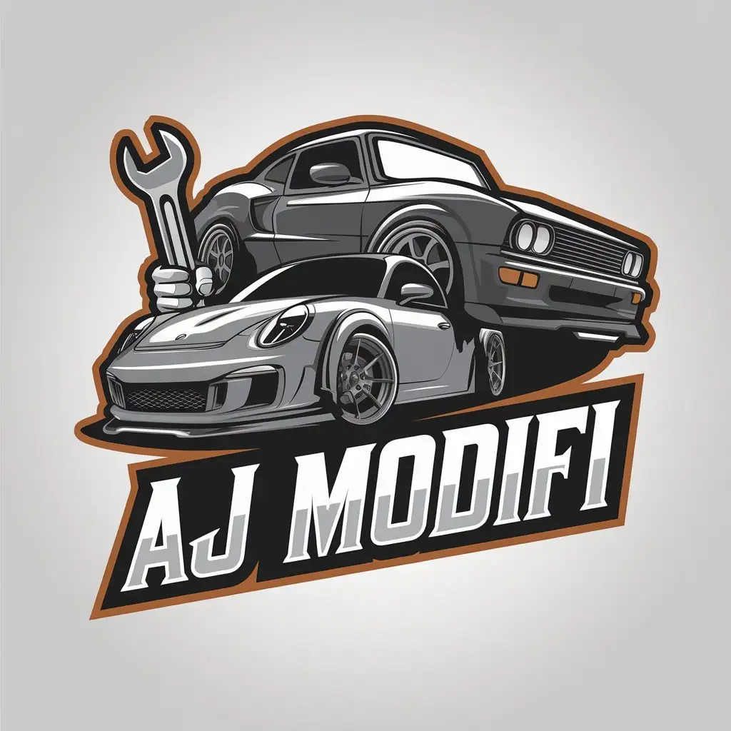 a vector logo design,with the text "AJ Modifi", main symbol:Cars, car accessories, car modifications,Moderate,be used in Automotive industry,clear background