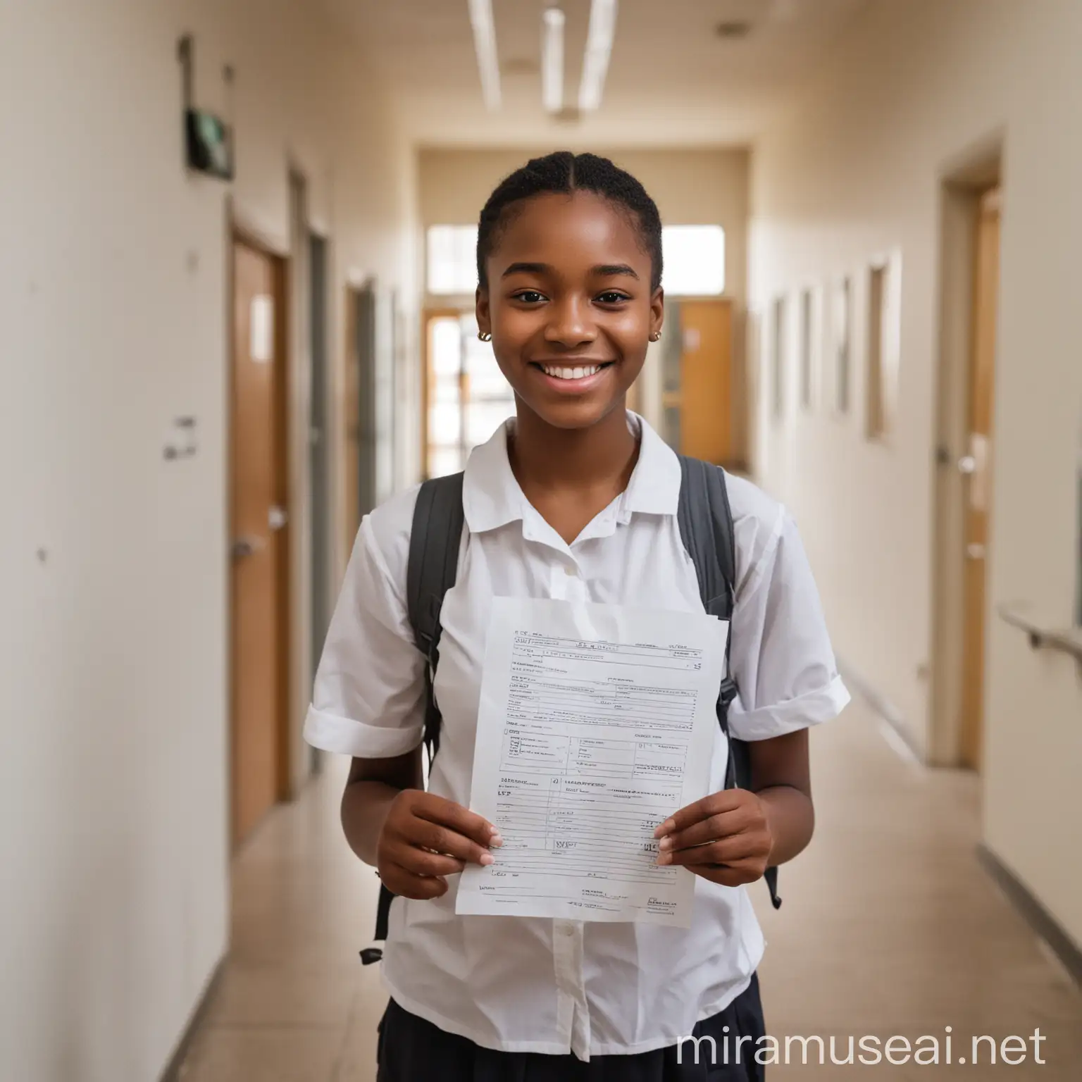 African High School Student Celebrating Chemistry Success in School Hallway