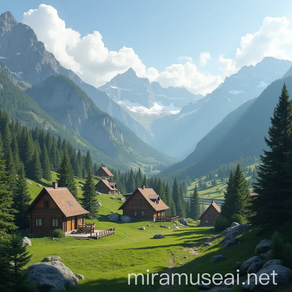 Thriving Mountain Community with Majestic Peaks