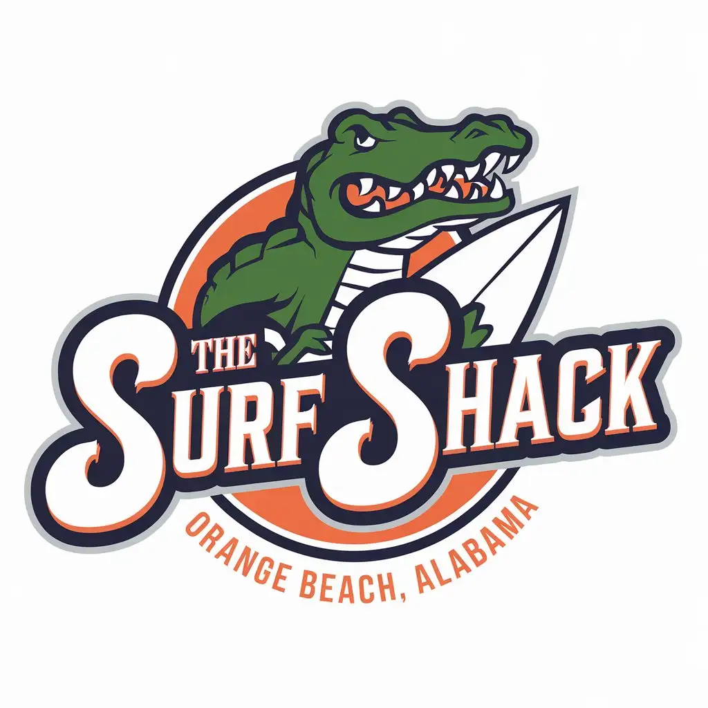 LOGO Design for The Surf Shack Gator Mascot with Surfboard and Hang Loose Gesture Orange Beach Theme