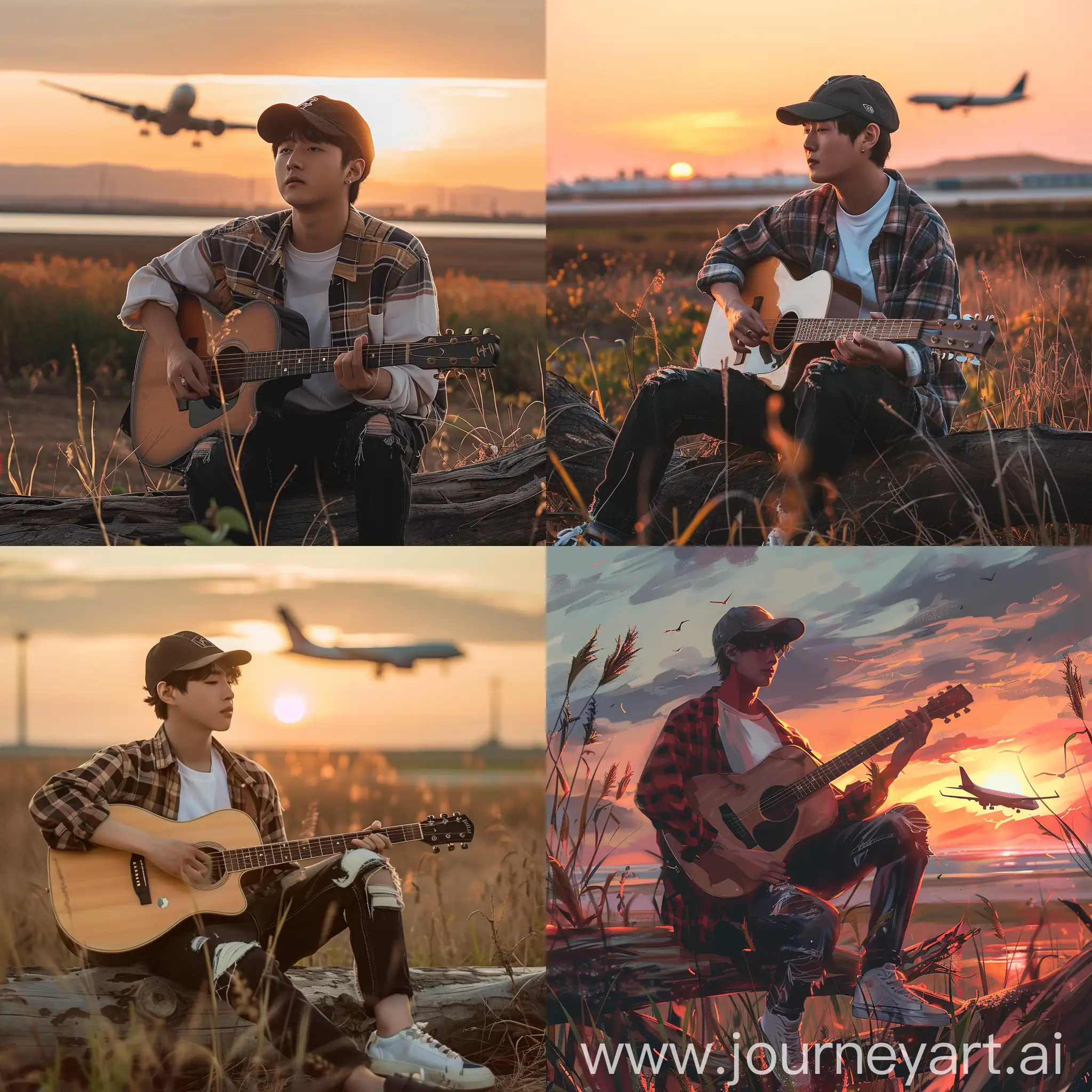 Young-Korean-Man-Playing-Acoustic-Guitar-at-Sunset