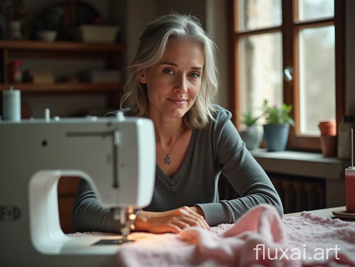 a beautiful woman of about 40 years old is sitting at a table and sewing underwear on a sewing machine against the background of a cozy workshop with an open window