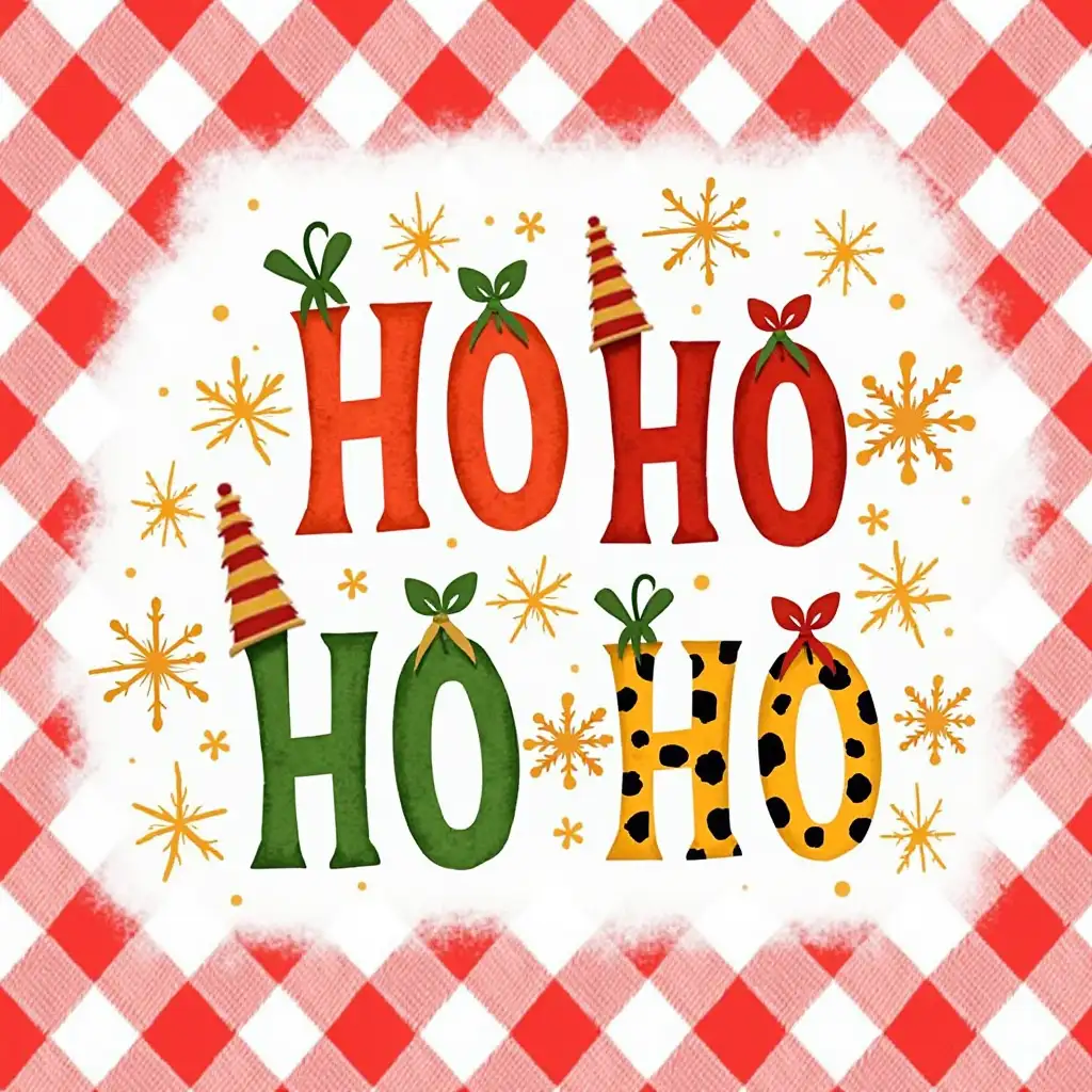 vector, Watercolor ART. Create a Christmas-themed graphic with a bold, festive font featuring the text 'HO HO HO' in red, green, and orange. The letters should be surrounded by snowflakes, Christmas ornaments, and a leopard print pattern. The background should be a red and white buffalo plaid pattern. The overall style should be playful and cheerful, with a touch of holiday spirit. Consider adding glitter or other decorative elements to enhance the visual appeal.