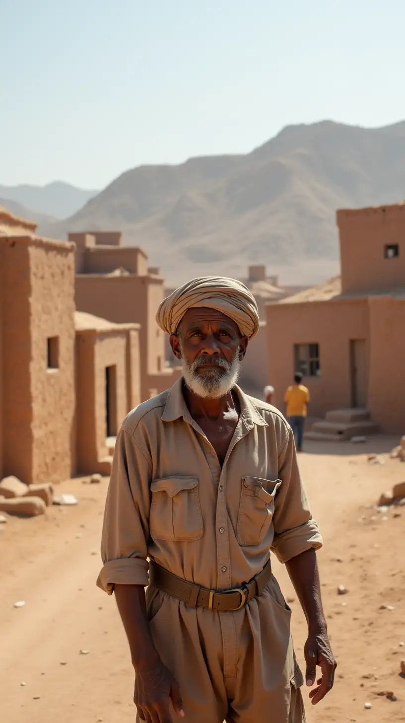 Exhausted Worker Amidst Desert Clay Buildings