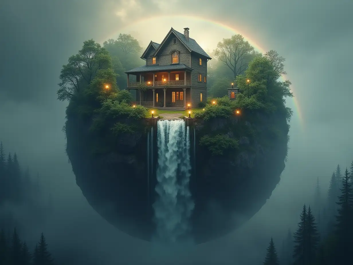 Create a globe where from the upper half a house with lanterns, forest waterfall comes out and with gray sky with fog and rainbow