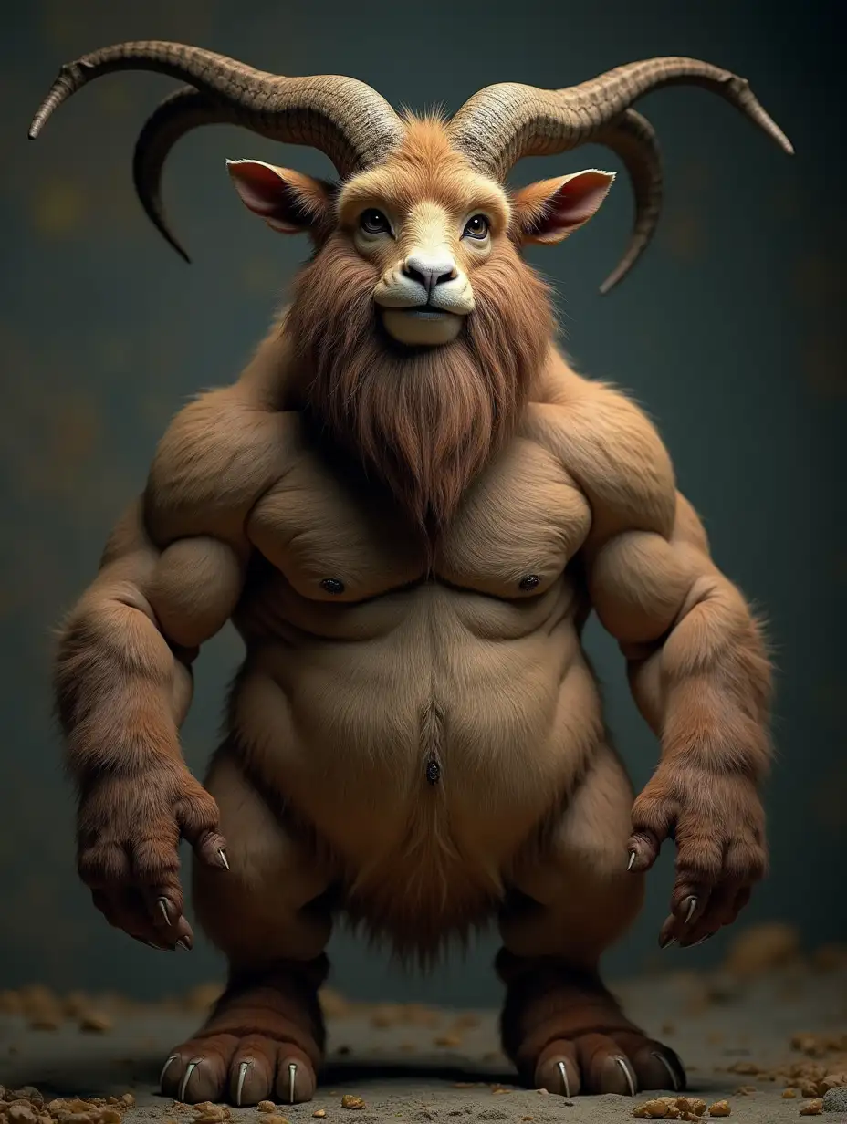 Satyr goat man with muscular realistic furry legs and large hooves. Gost man. Smiling. Hairy belly. Handsome. Broad hairy shoulders. Shaggy. Hirsute. Muscular arms. Broad hairy chest. Realistic animal horns. Detailed realistic face. Big, bushy, hairy beard. 8k. Closeup. HDR. Sharp focus. Vibrant color.  the scene is from the front in a low angle with breathtaking details like a realistic photograph of high precision, high definition, very detailed.