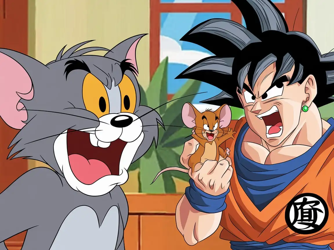 Clash-of-Cartoon-Titans-Tom-Fuming-as-Goku-Holds-Jerry