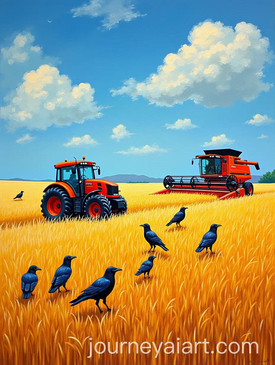 Tractor-and-Combine-Harvester-Working-in-Wheat-Field-with-Crows