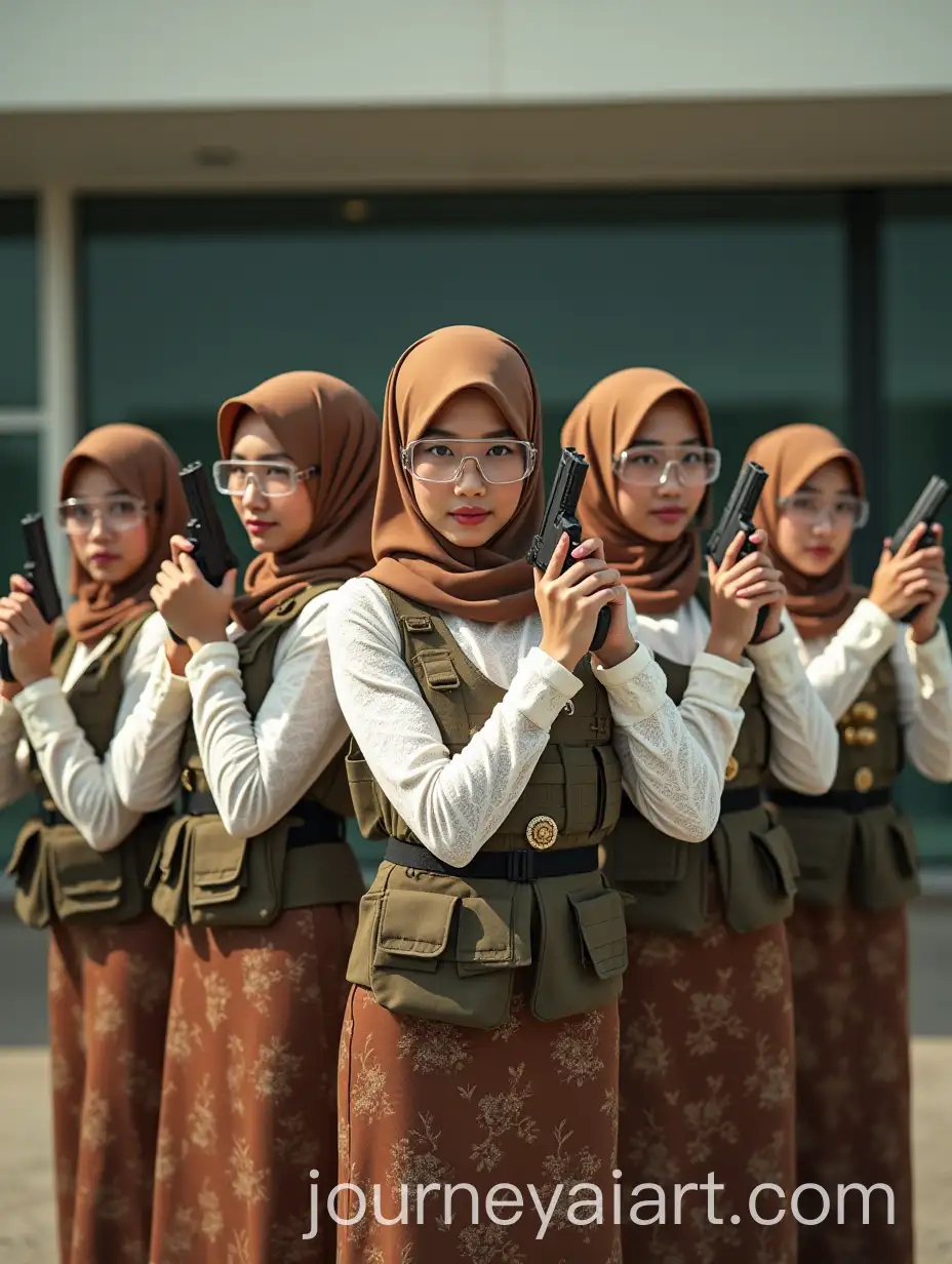 Indonesian-Women-in-Tactical-Gear-with-Traditional-Batik-Skirts-in-Front-of-Modern-Building