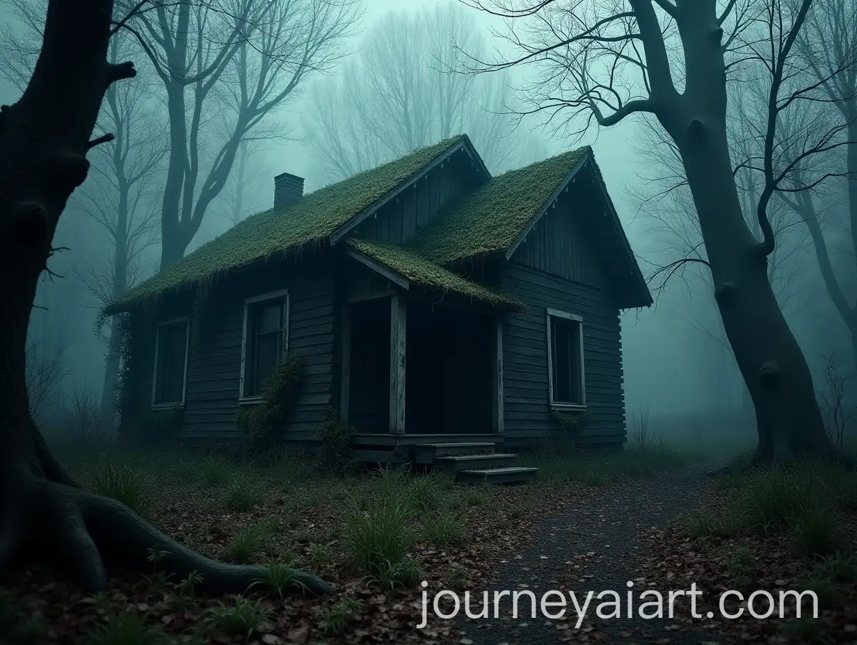 Abandoned-Haunted-Cabin-in-Misty-Forest-with-Decaying-Exterior
