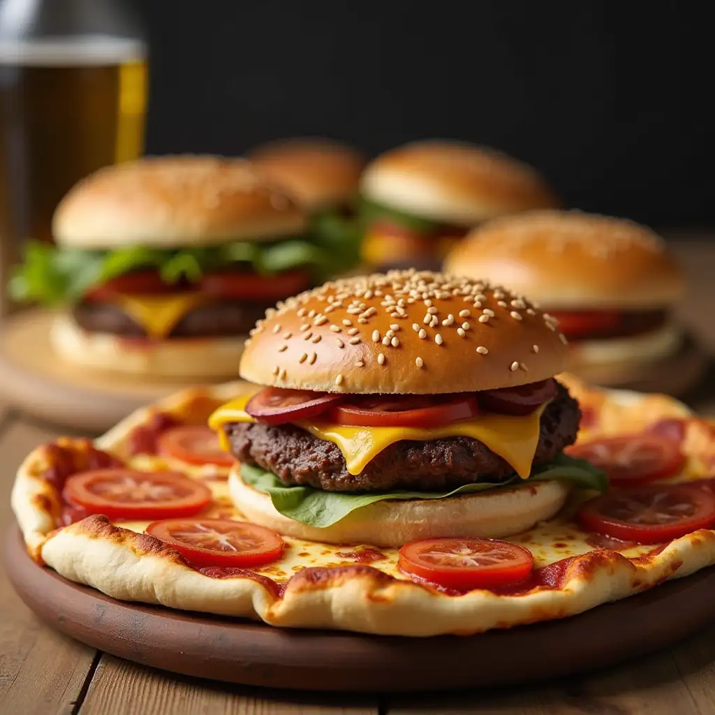 Photo of burgers and pizza