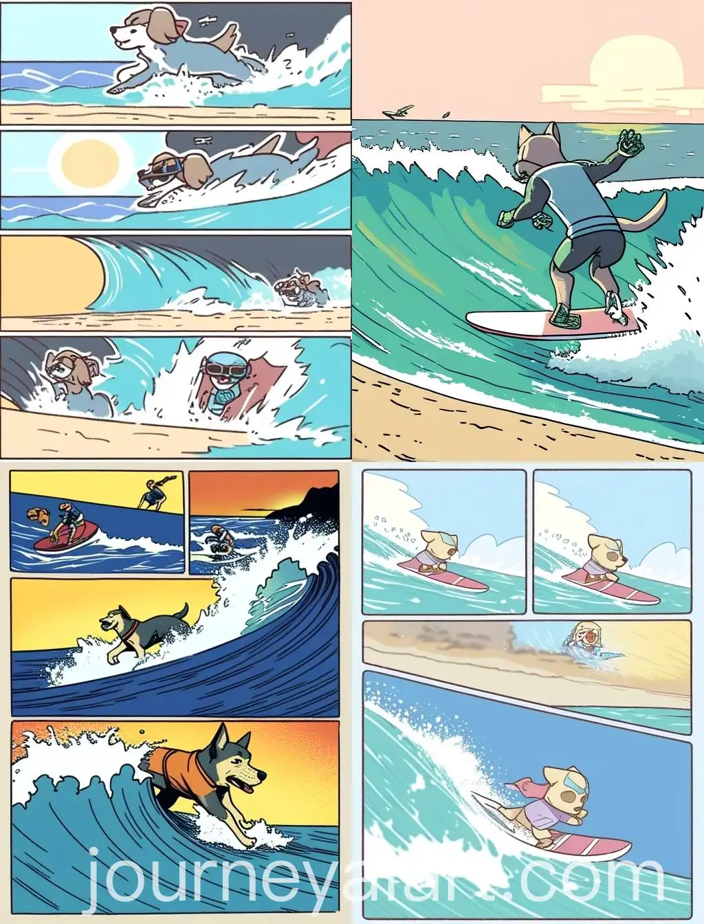 Comic-Style-Beach-Scene-with-Surfing-Dog