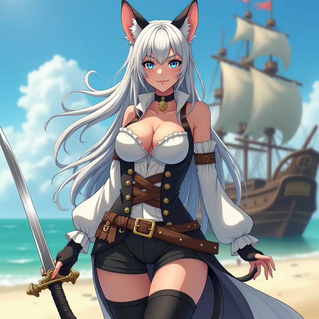 A mature adult tall feline/woman dressed as a pirate with a sword on a beach. A pirate ship in the background. Her 30-something years are disguised by her youthful facial features, except for her subtle wrinkles around the eyes, extremely slender body. Her ample bosom strains against her clothing, threatening to burst free from the fabric, extreme cleavage. Midriff. Wearing black thigh high pirate boots. She has piercing blue cat eyes. A choker adorns her neck, a subtle hint at her feline nature. Her long, white hair cascades down her back like a wild waterfall, tangled and disheveled. Her cat-like teeth glint in the light, as her white fur-lined ears punctuate her visage with sparkling black and gold earring adorns each ear, adding a touch of elegance to her feline features. Cat whiskers on her face. The attached tail at the base of her spine stirs lazily. Long fingernails. Full body view. Anime.