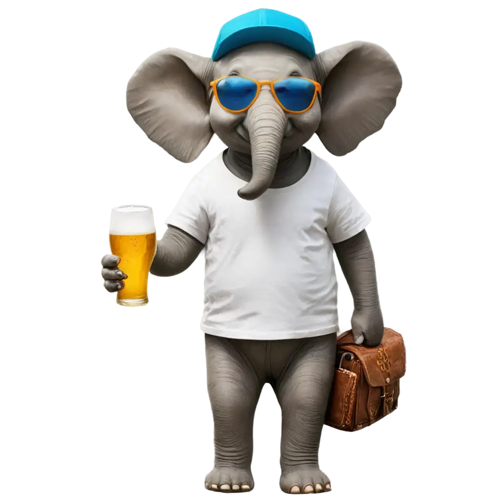 an elephant wearing t shirt and sunglasses holding a kingfisher beer in this hand