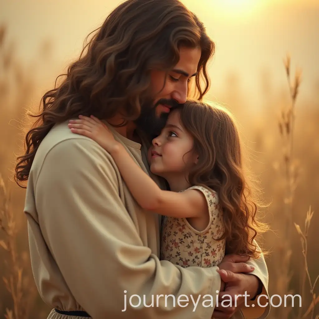 Little-Girl-Tenderly-Hugging-Jesus-in-Pastel-Warm-Colors