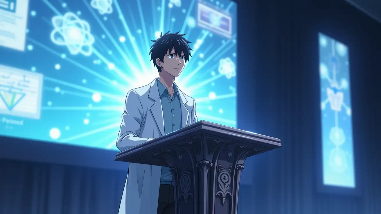 Anime Drawing Style, Anime, Wide shot of Kaito on stage. Kaito, a 28-year-old male scientist with short black hair, stands at a grand podium made of sleek metal with intricate designs, reflecting the light. He wears a white lab coat over a simple shirt, his expression focused and determined. Behind him, a large, impressive screen fills the background, displaying visuals related to his research. To his right, a tall vertical screen adds to the sophisticated atmosphere of the stage. The scene captures the ambiance of an extraordinary research presentation, with Kaito confidently preparing to share his groundbreaking discoveries with the audience.