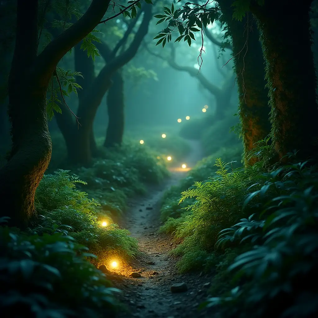 Magical-Green-Jungle-with-Floating-Light-Balls-at-Night