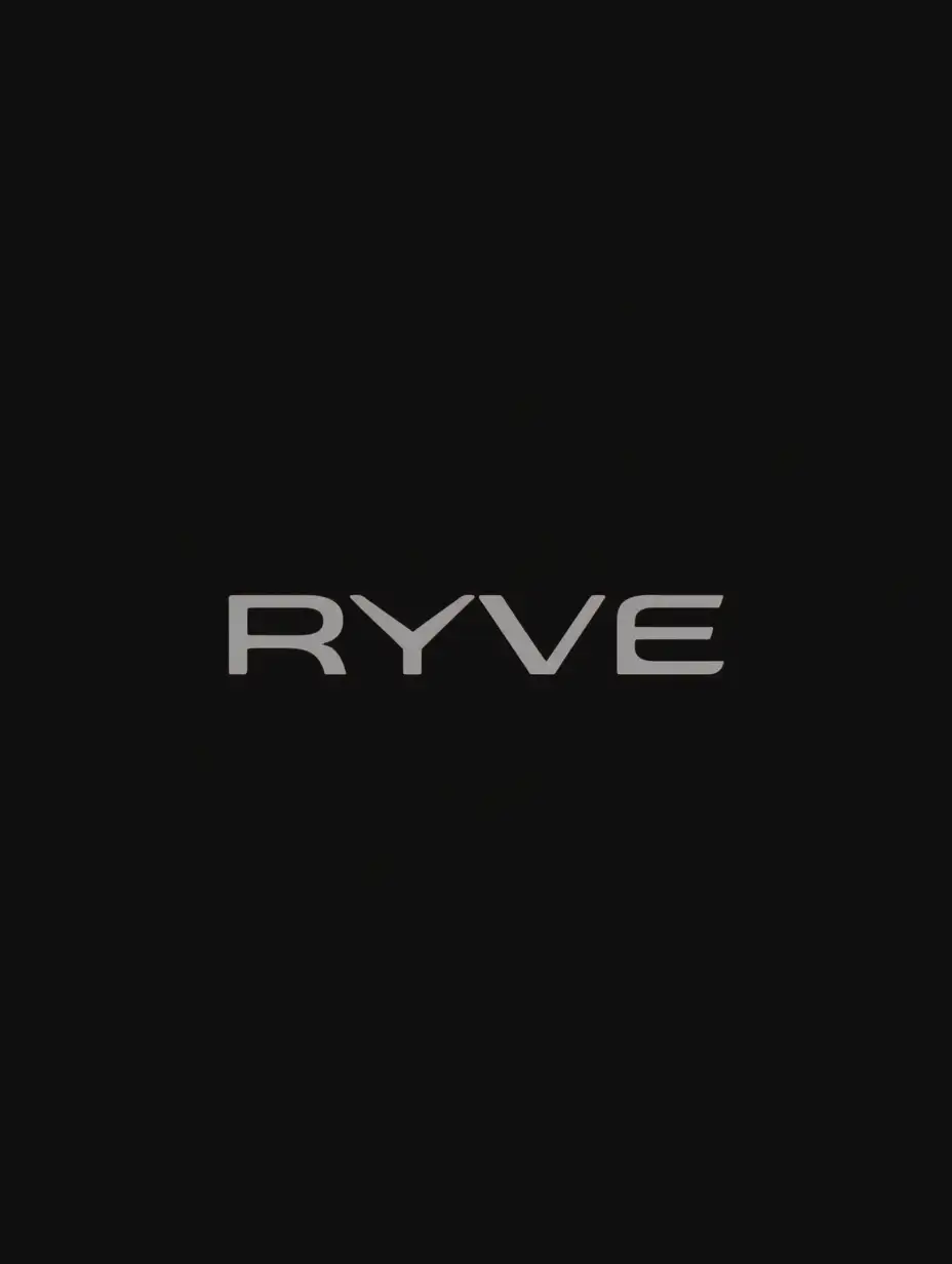 Create a minimalist RYVE brand logo in a strict modern style. The brand name is written in large capital letters with a geometric sans-serif font, clear lines and slightly rounded corners. The color scheme is monochromatic: deep black and dark gray. The design should combine stiffness and softness: the harsh contrast of the font is softened by smooth curves and rounded shapes. The overall impression is one of restrained elegance, innovation and technologiness.