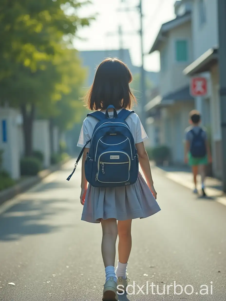 A lovely girl walking to junior high school, realistic and straightforward photos, calm color tone, Japan