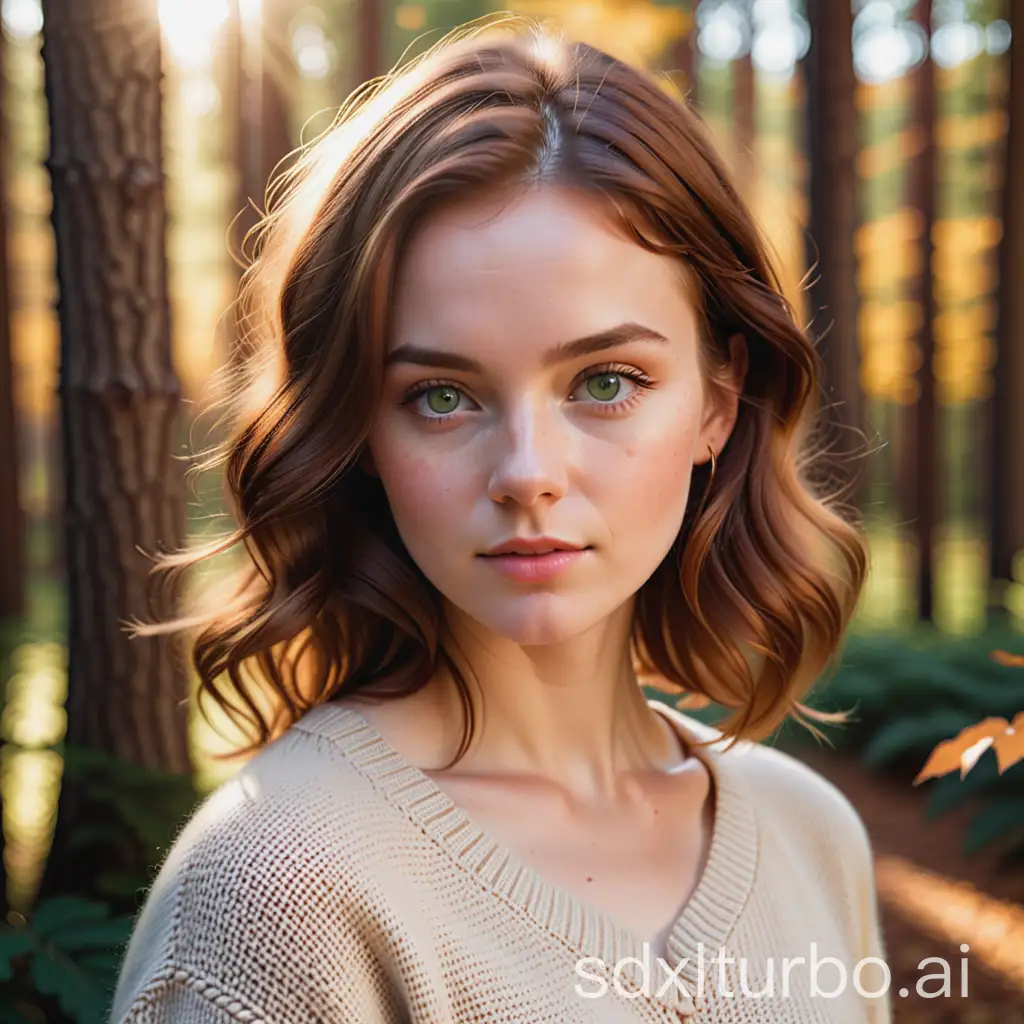 30YearOld-Woman-in-Golden-Hour-Forest-Portrait-with-Green-Eyes-and-Chestnut-Hair