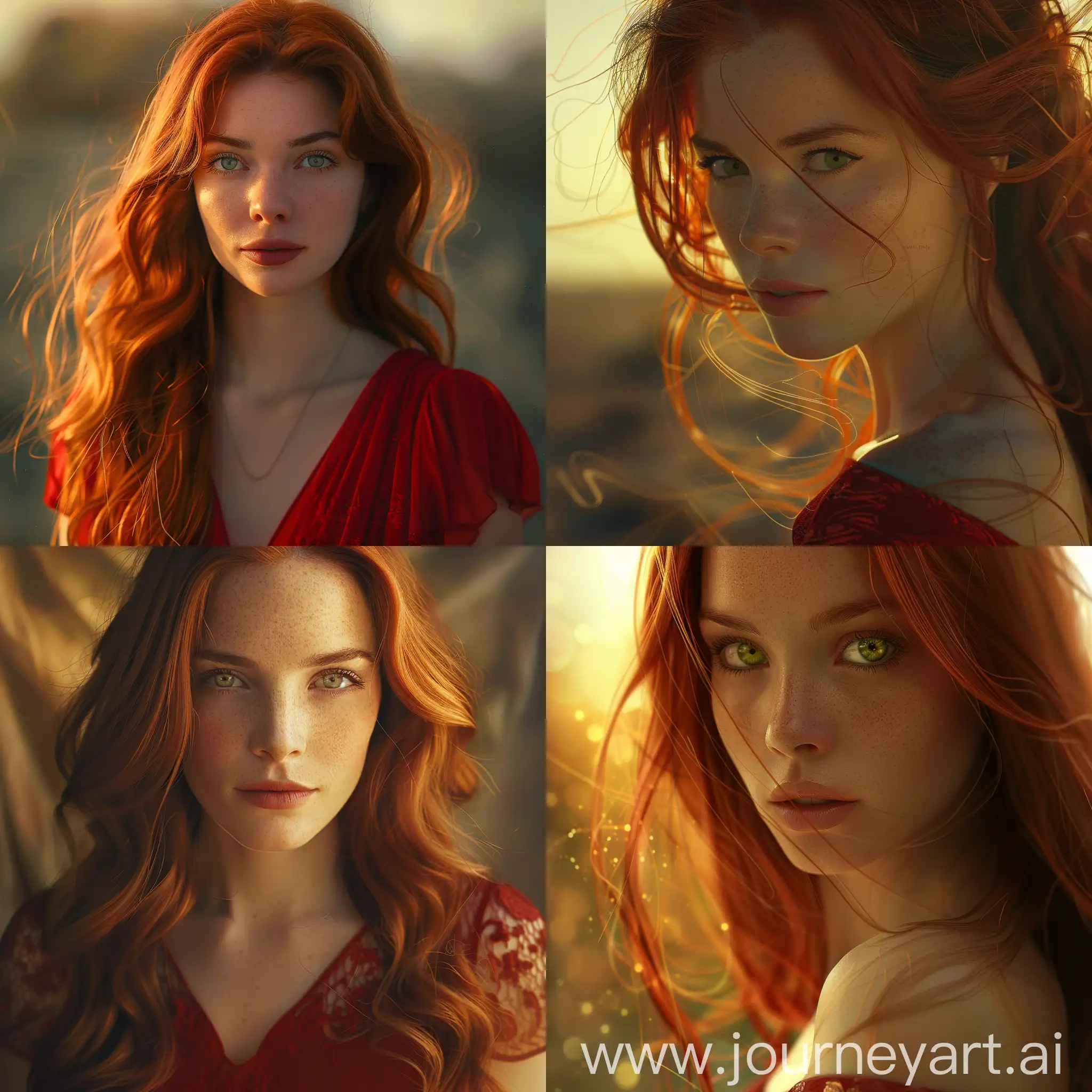 Android-Woman-with-Auburn-Hair-in-Crimson-Dress-at-Sunset