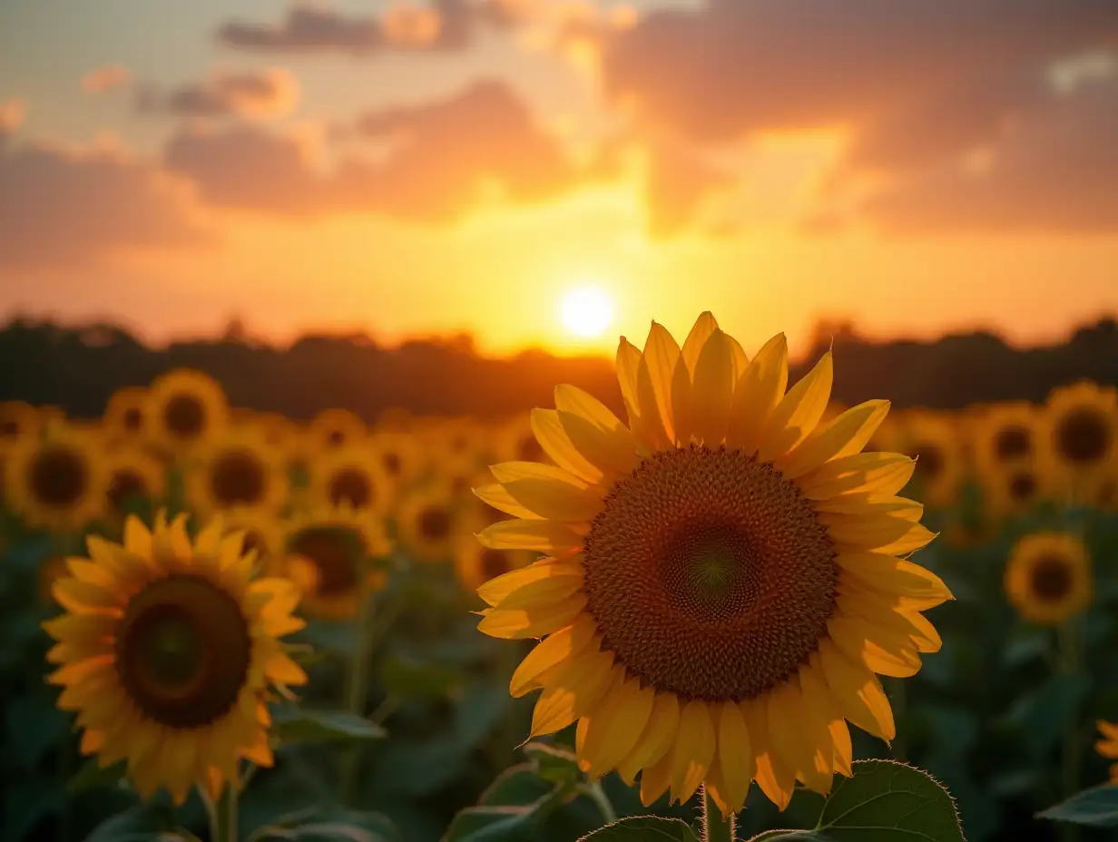 Summer landscape beauty sunset over sunflowers field. Panoramic views