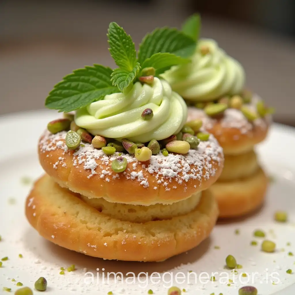 pastry a Paris-Alger with crowns of choux pastry dorées, garnie with a light green pistachio cream scattered with pieces of pistachio and powdered sugar with fresh mint leaves