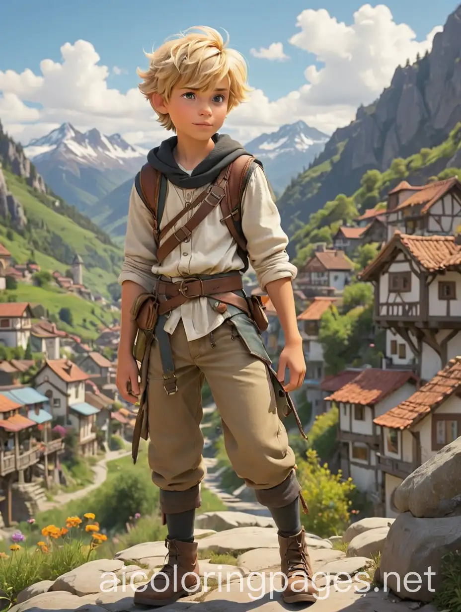 Fantasy-Adventure-Town-in-the-Mountains-with-Young-Boy-in-Adventure-Clothes-Coloring-Page