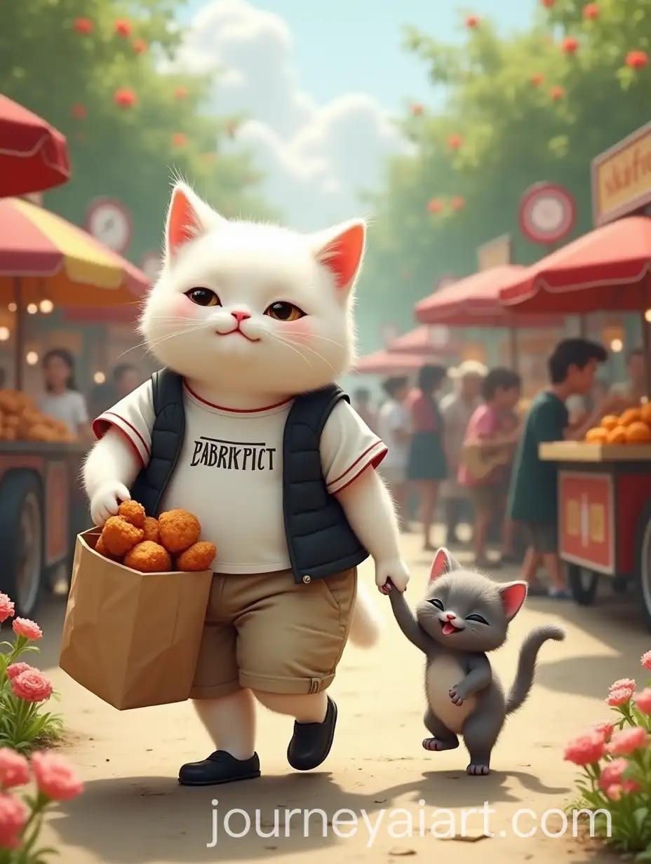 White-Cat-and-Gray-Cat-Walking-Together-with-Fried-Chicken-in-Flower-Garden