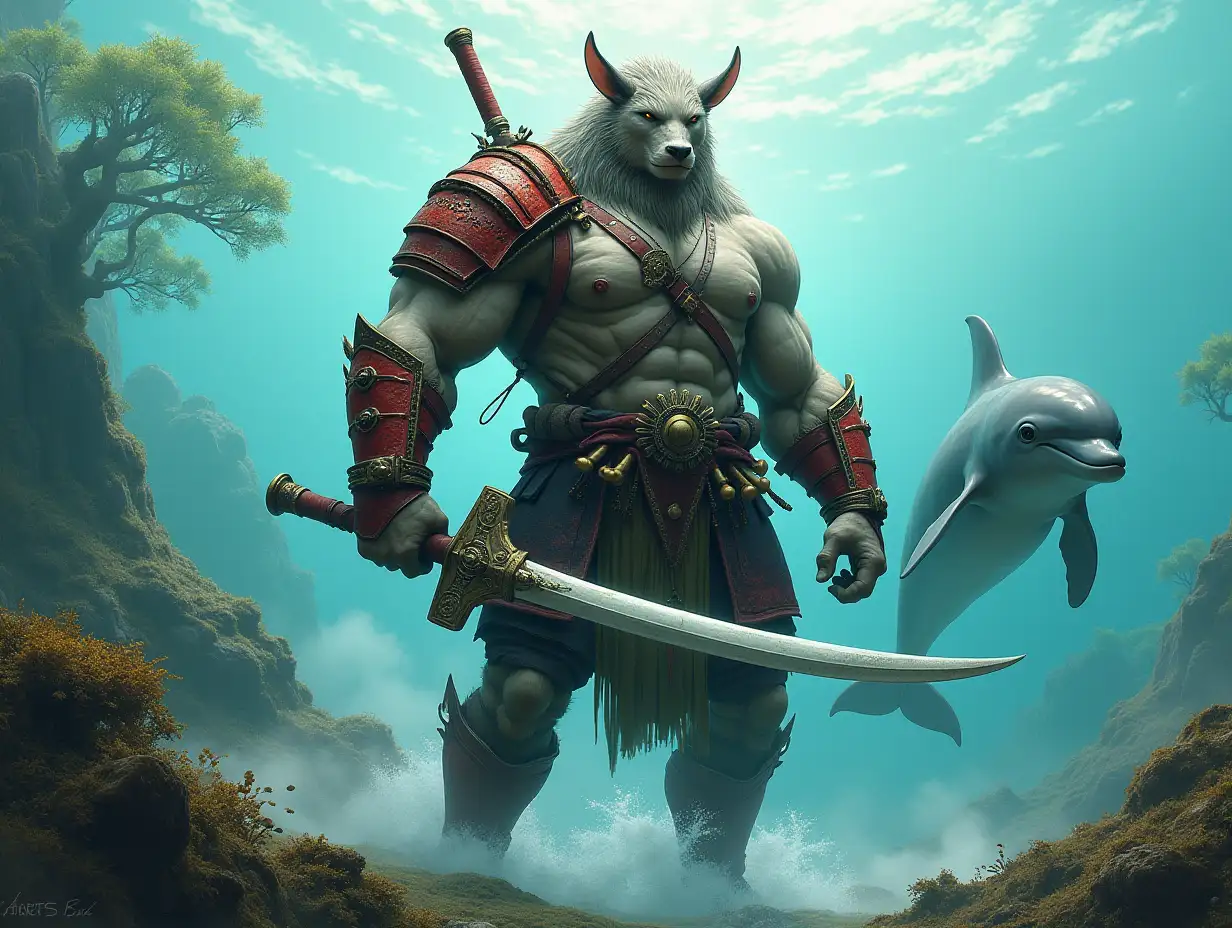 Detailed photo. A full body representation of an Animal-Hybrid Bodybuilder Samurai with equipment and Dolphinidae and Dolphinidae in the sea plants trees