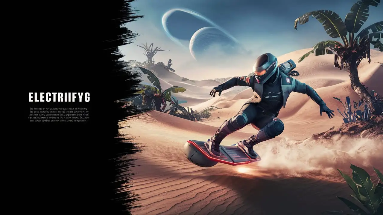 SciFi Guy Surfing on Rocket Hoverboard Across Alien Sand Dunes