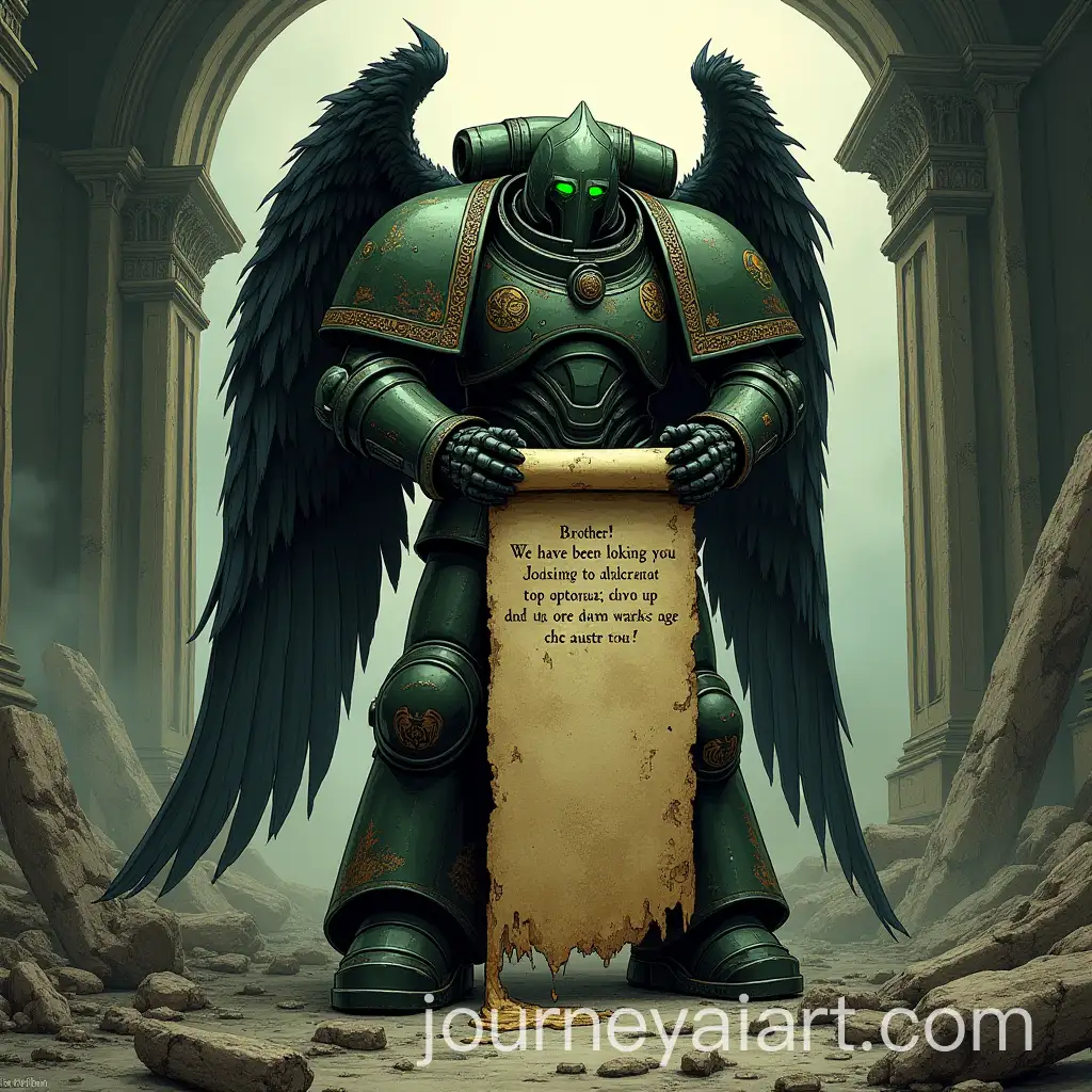 Gothic-Dark-Angels-Space-Marine-Holding-Ancient-Ukrainian-Scroll-in-WarTorn-Battlefield