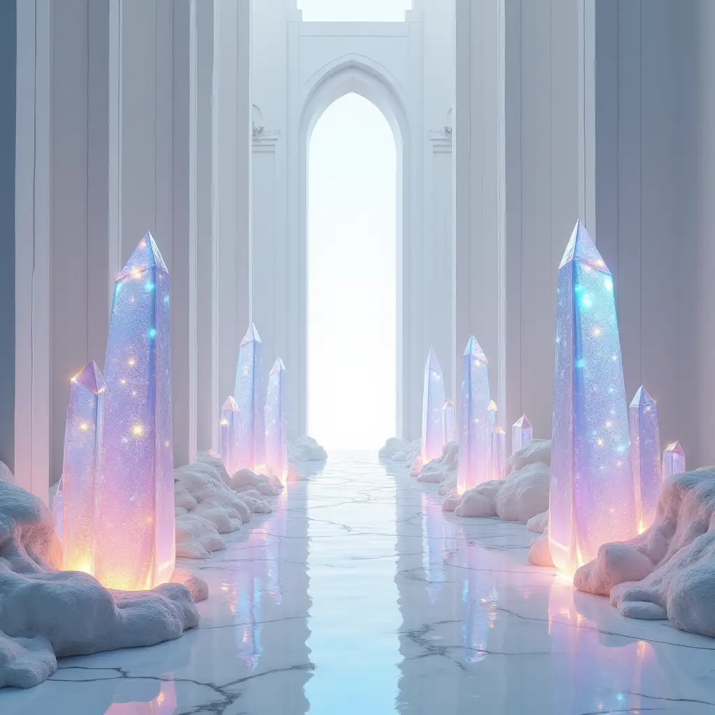 galactic temple with large sparkling iridescent crystals in a bright white room