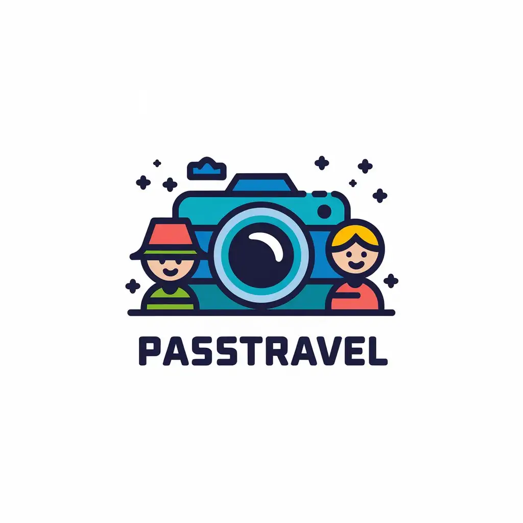 a vector logo design,with the text "Passtravel", main symbol:children, museum, camera, excursion, colorful,Moderate,be used in Travel industry,clear background