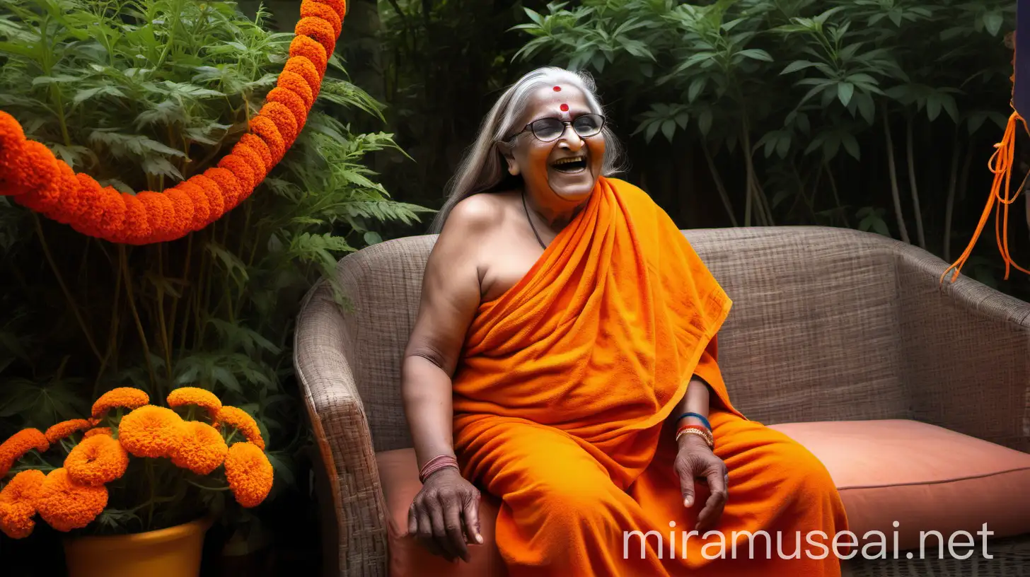 Indian Hindu Woman Monk with Bodybuilder in Marigold Flower Garden