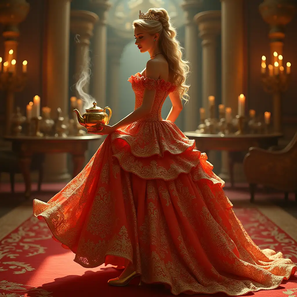 Cinderela gold red dress with glass slippers in a palace with teapot with eyes mouth nose,teeth with eyes mouth nose