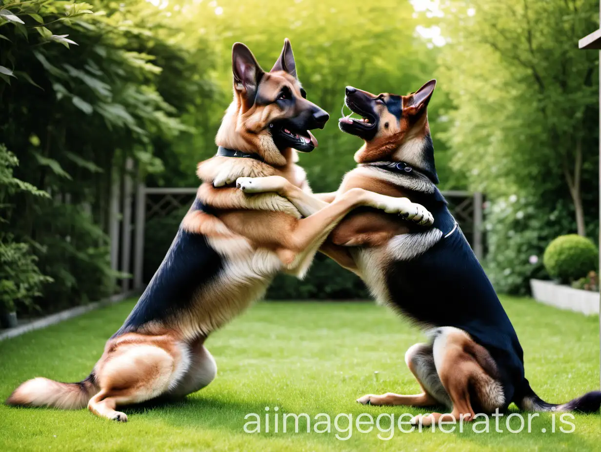 a German Shepherd dog with a bitch in a garden, both are playing with each other