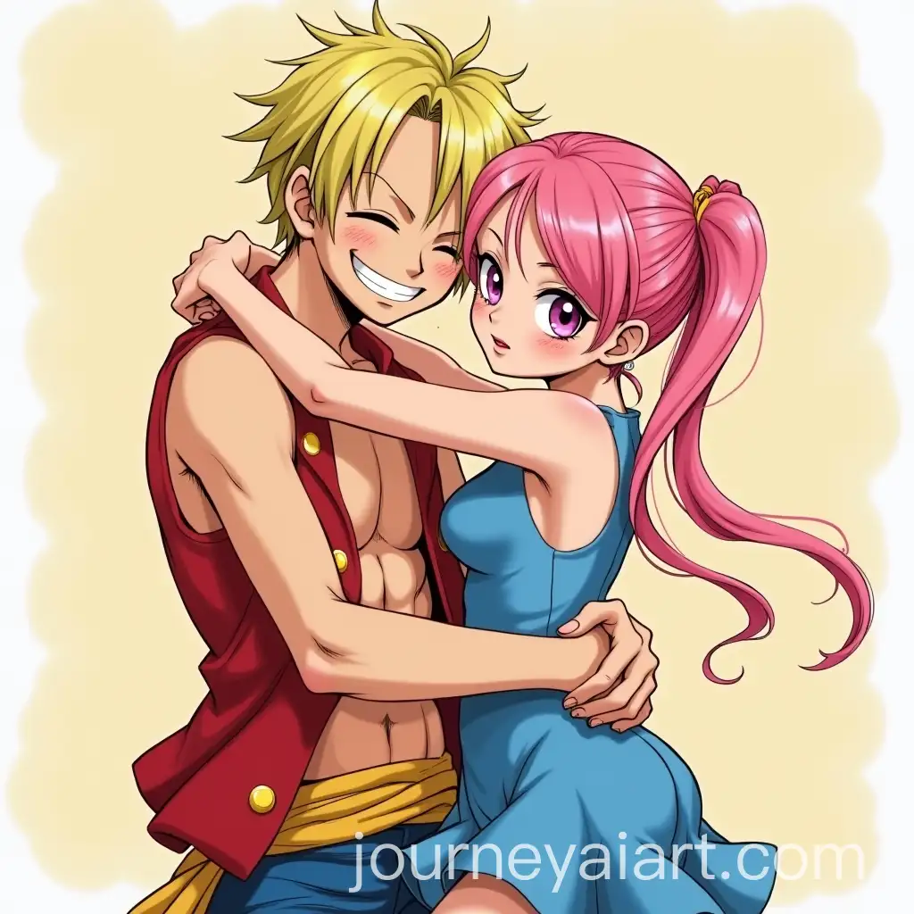 21YearOld-Girl-with-Blonde-Hair-and-Pink-Highlights-Hugging-Monkey-D-Luffy-in-One-Piece-Style