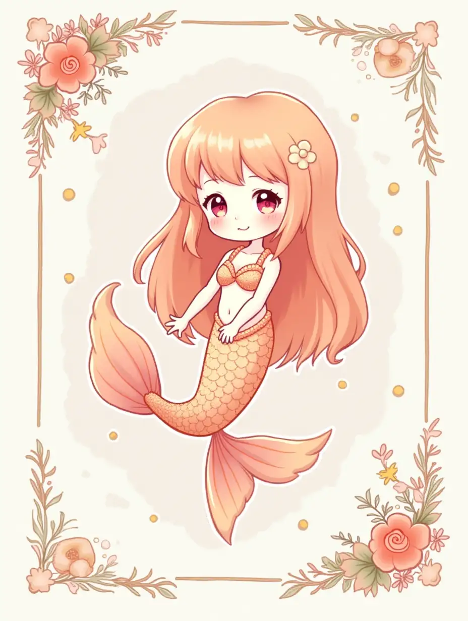 a cute mermaid with jellyfish tail, pastel pink and orange palette, Japanese anime style illustration in the background of an elegant white border adorned by decorative elements such as stars, bubbles, shells, framed with ornate borders.